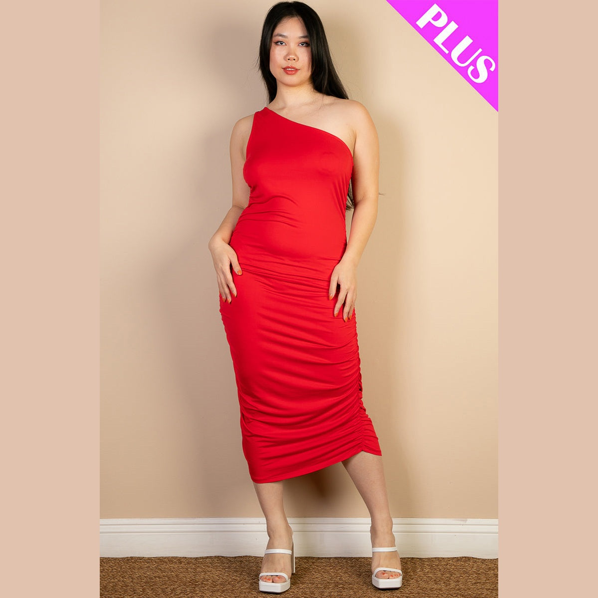 Plus Size Sexy Solid Color Ruched One Shoulder Midi Bodycon Dress