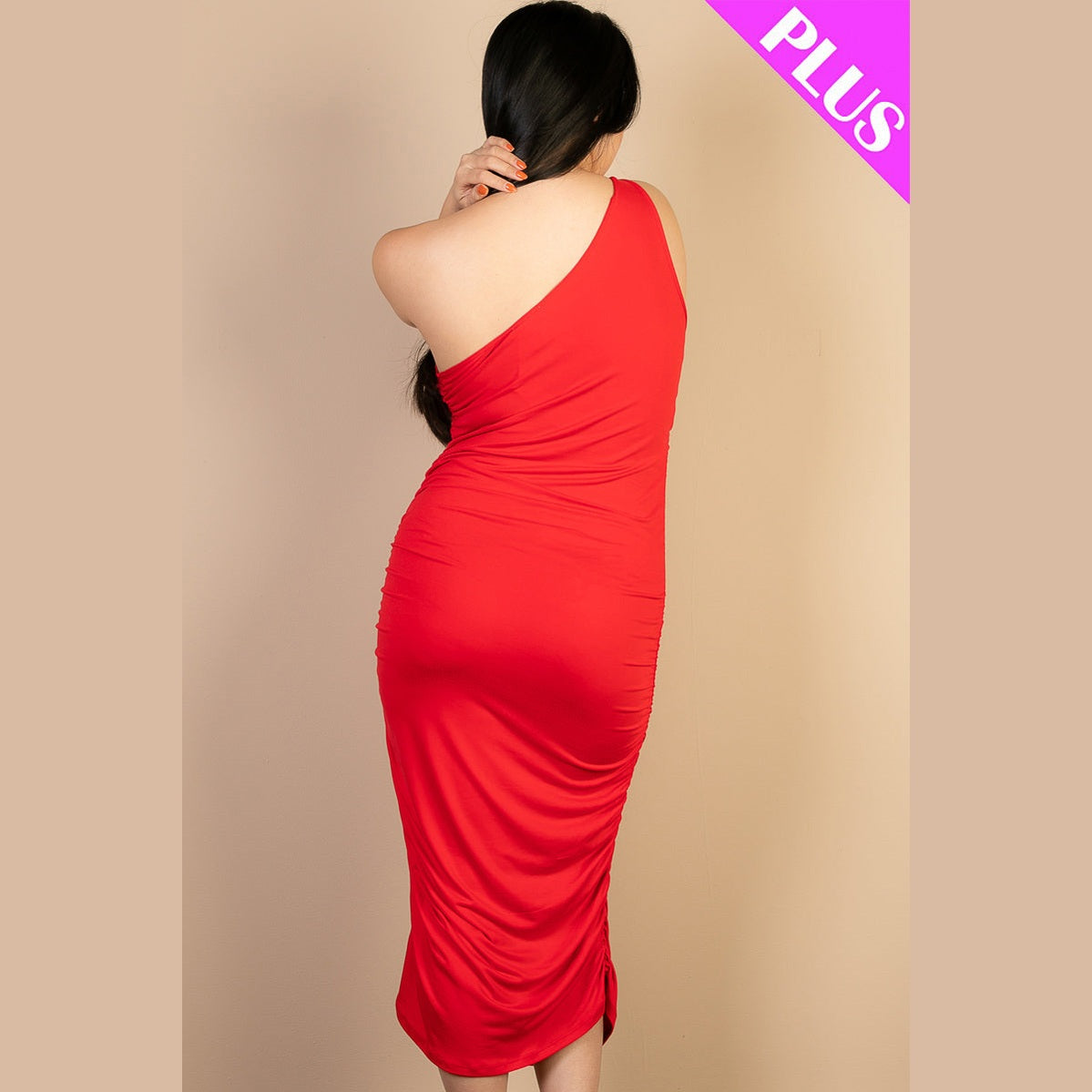 Plus Size Sexy Solid Color Ruched One Shoulder Midi Bodycon Dress