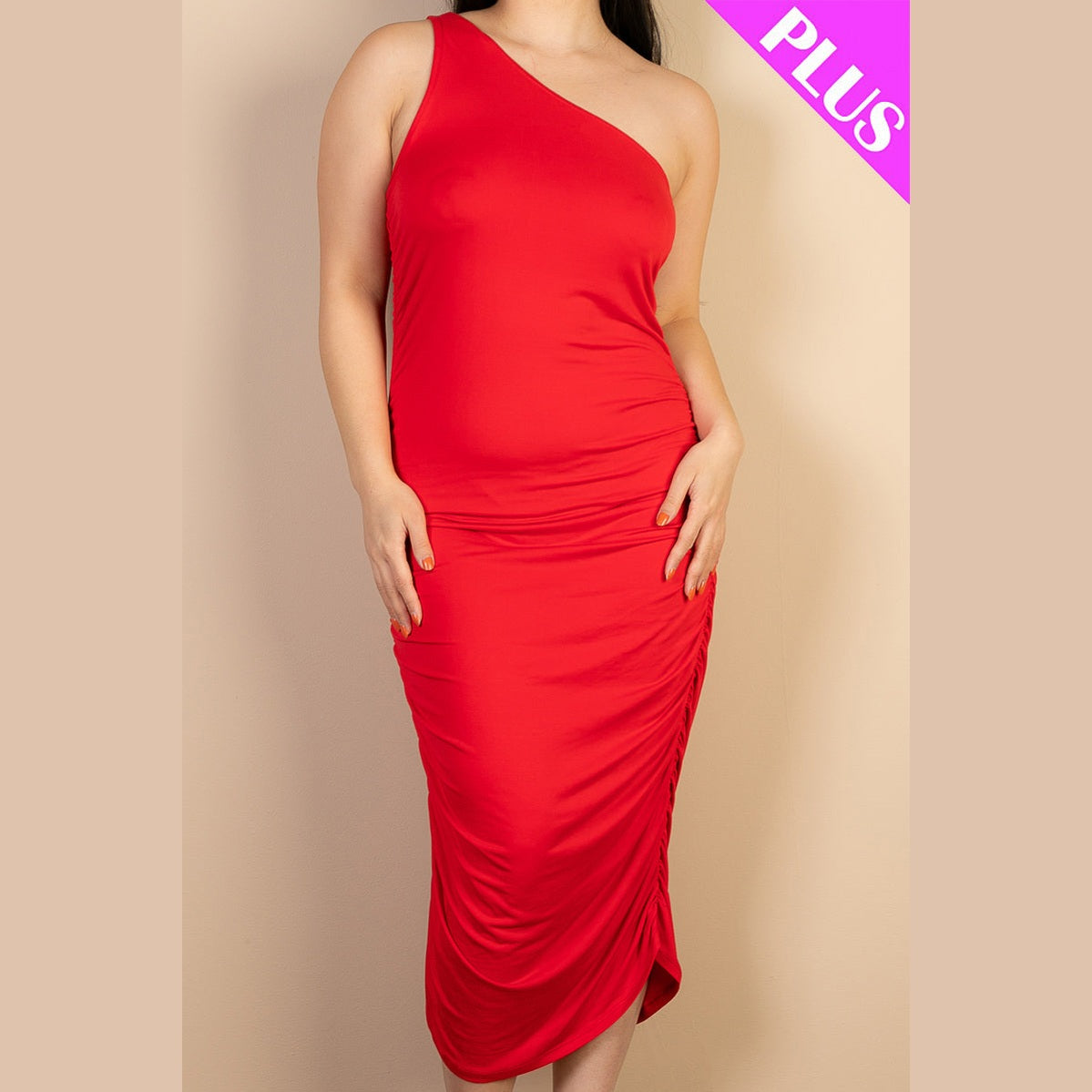 Plus Size Sexy Solid Color Ruched One Shoulder Midi Bodycon Dress