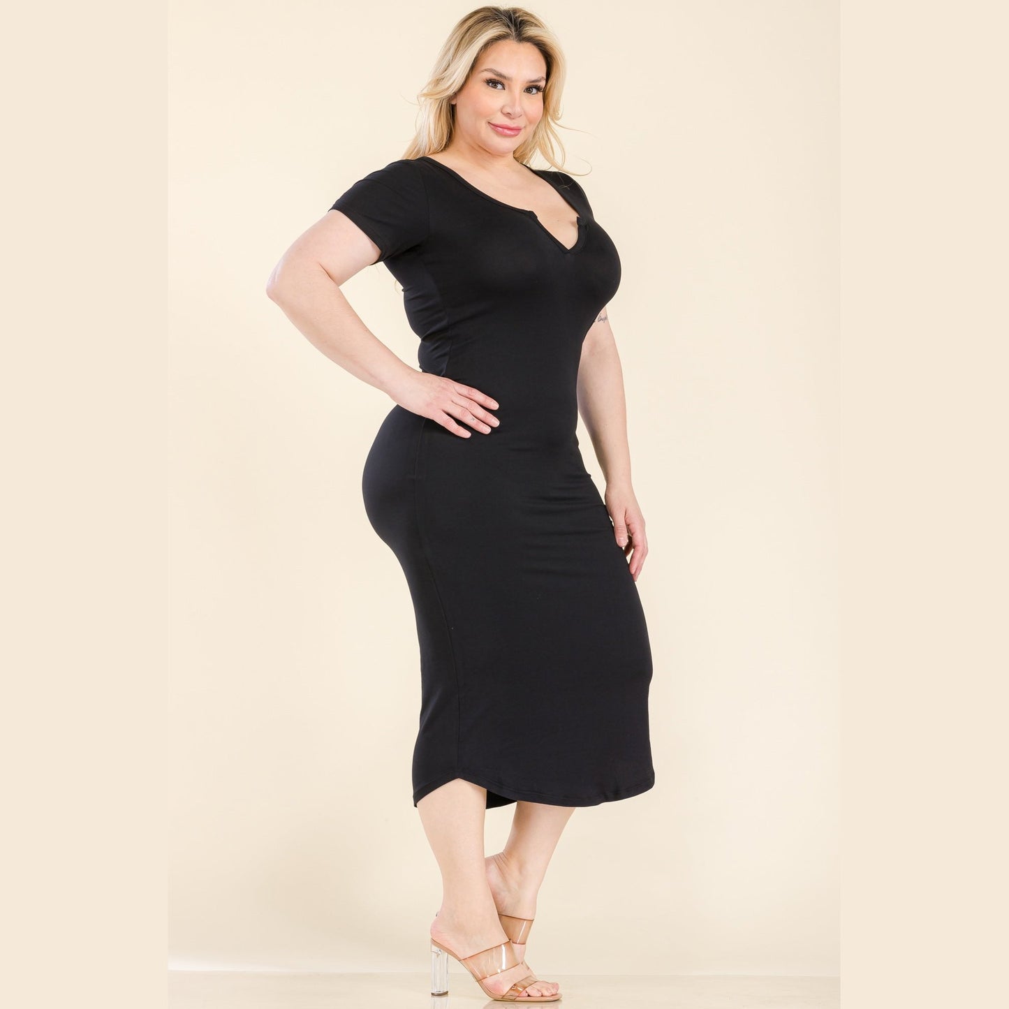 Plus Size Split Neck Bodycon Midi Dress