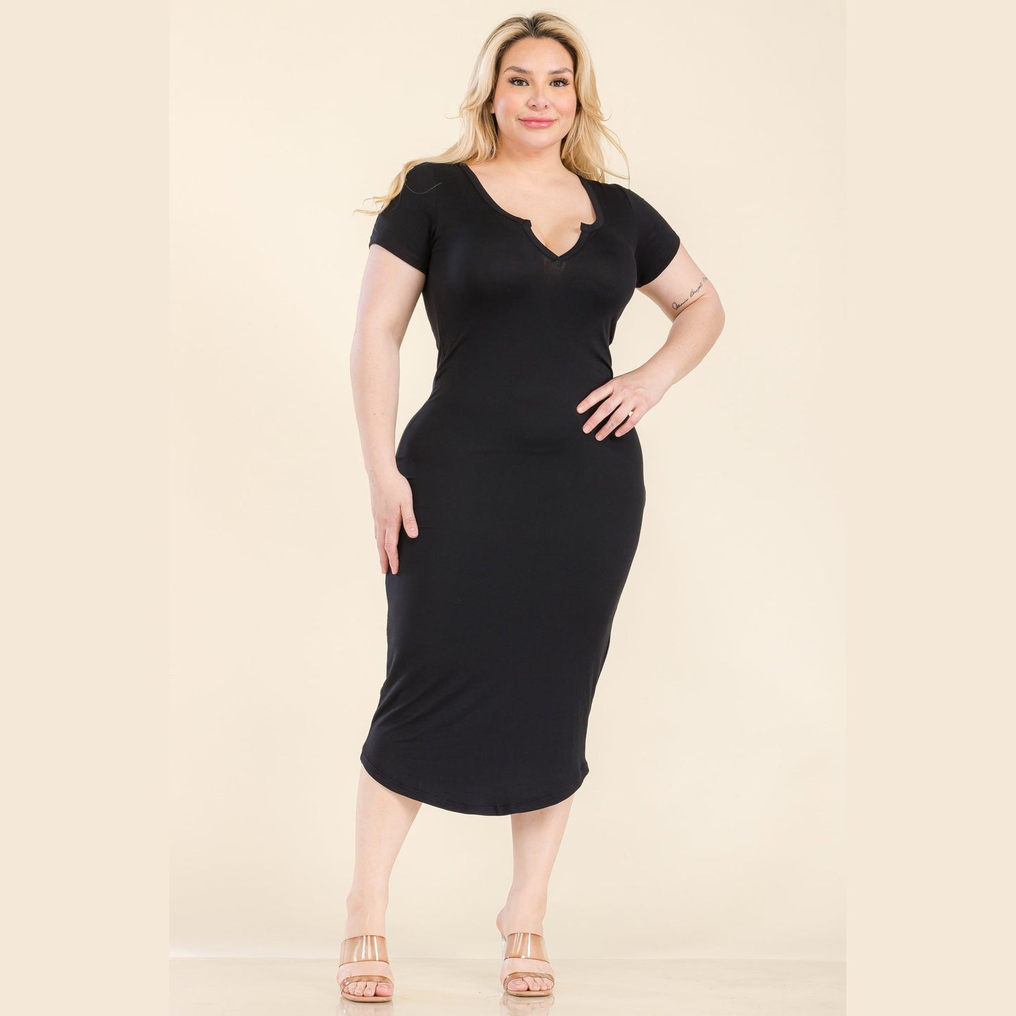 Plus Size Split Neck Bodycon Midi Dress