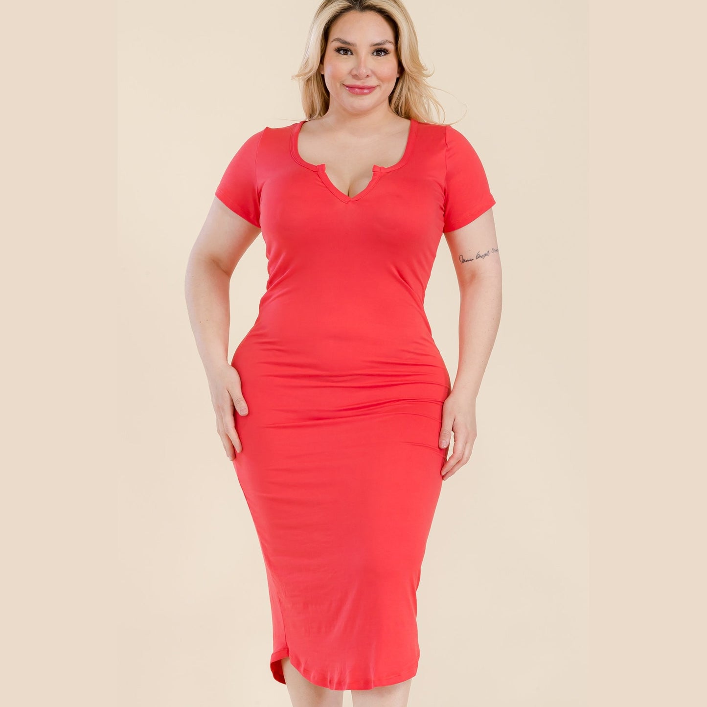 Plus Size Split Neck Bodycon Midi Dress