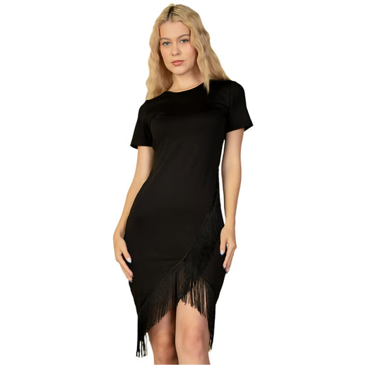 Fringe Hem Short Sleeve Bodycon Midi Pencil Dress