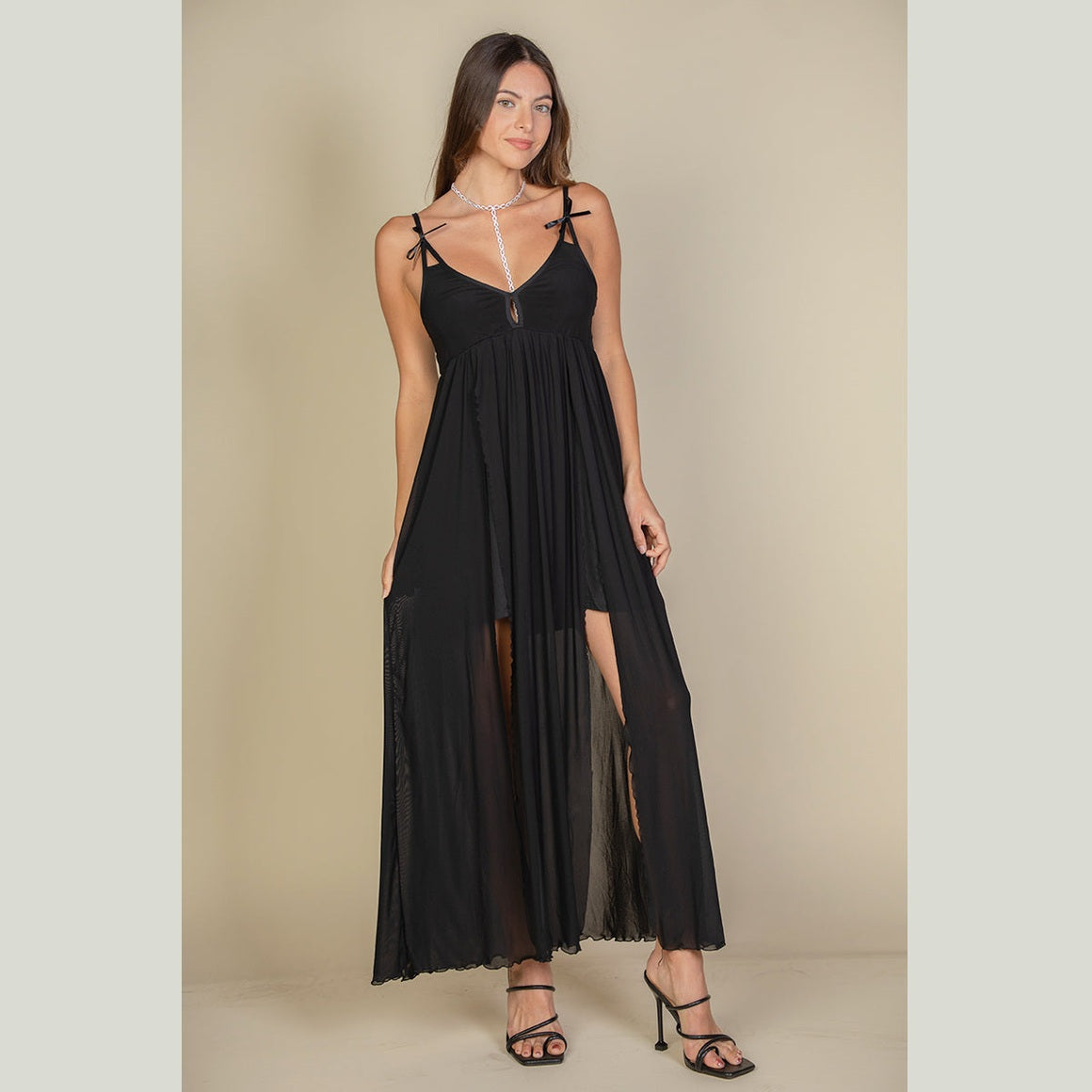 Plunge Neck Split Thigh Mesh Maxi Dress