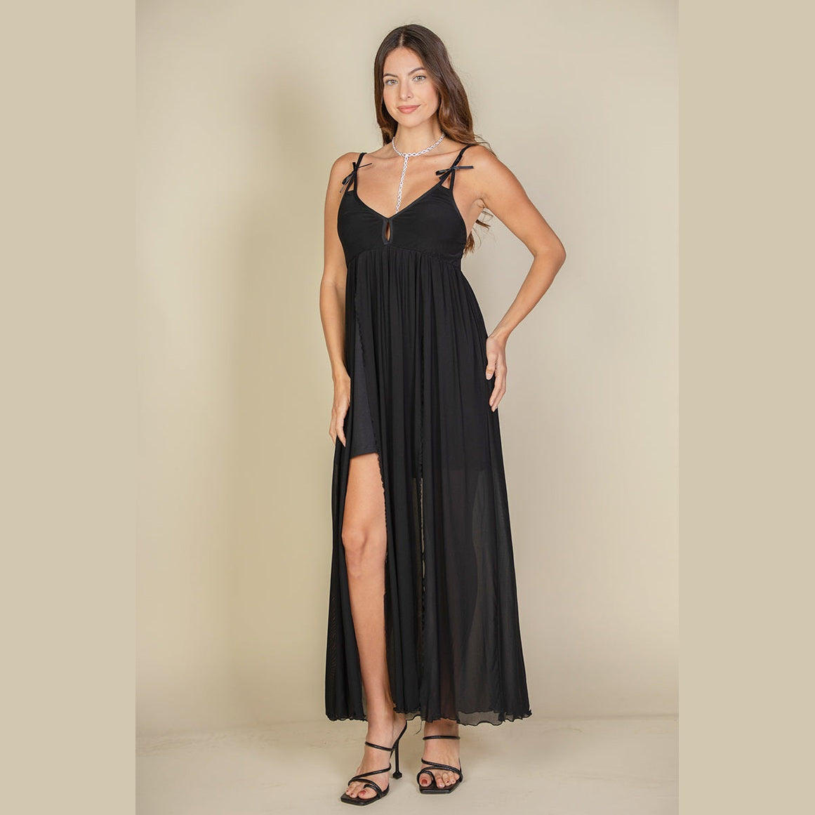 Plunge Neck Split Thigh Mesh Maxi Dress
