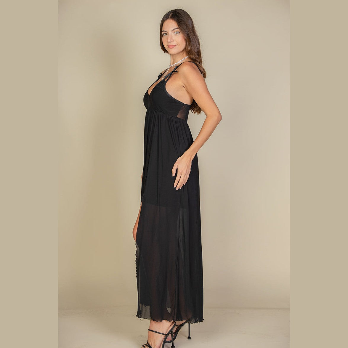 Plunge Neck Split Thigh Mesh Maxi Dress