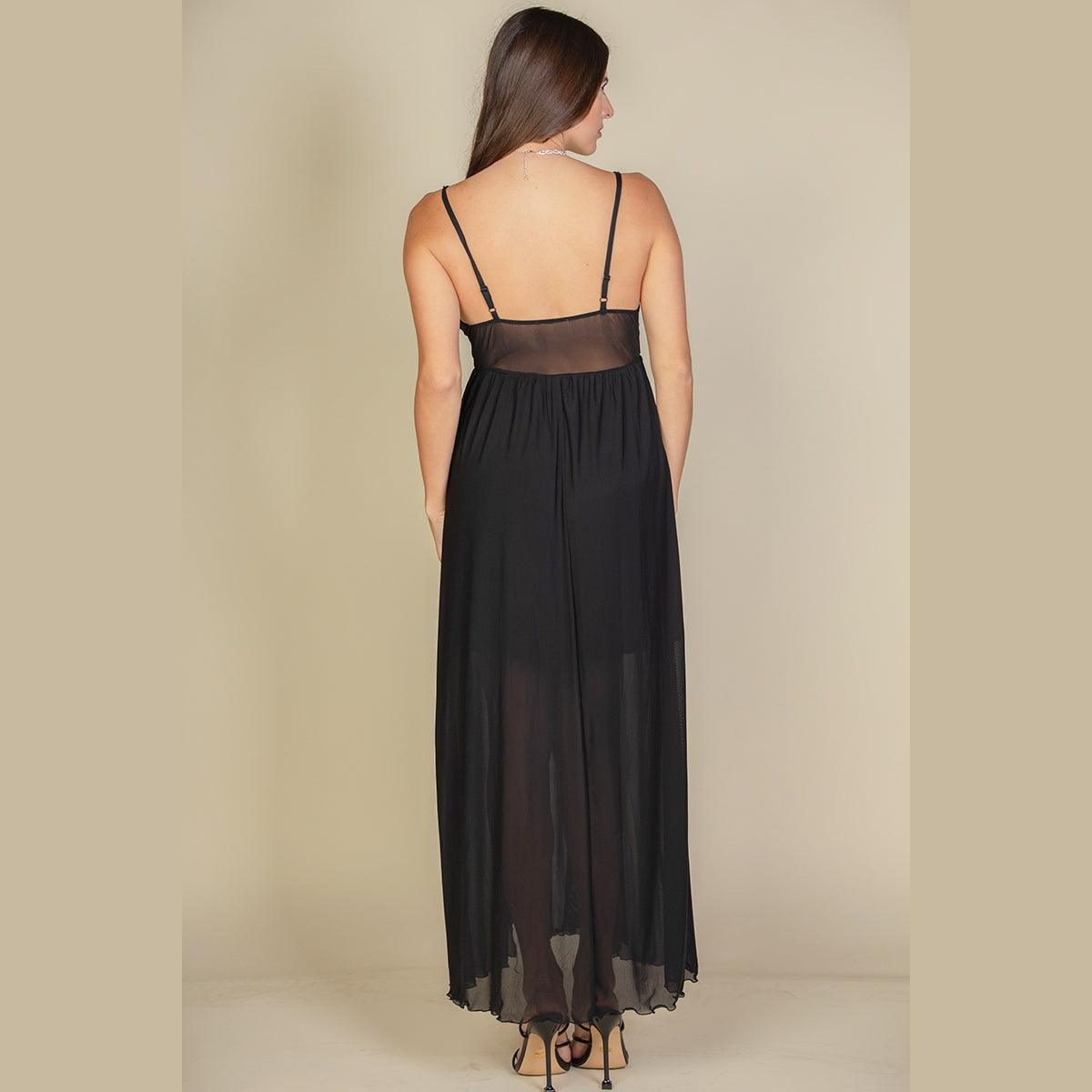 Plunge Neck Split Thigh Mesh Maxi Dress