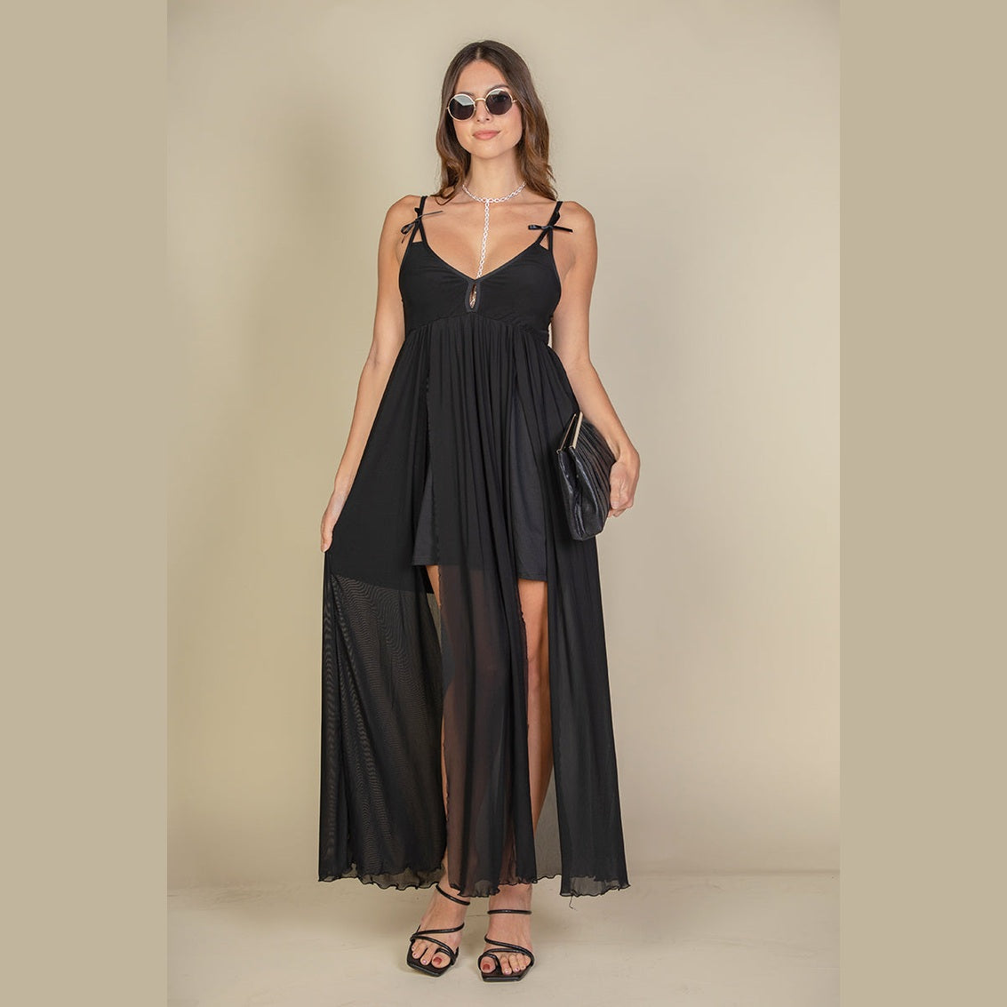 Plunge Neck Split Thigh Mesh Maxi Dress
