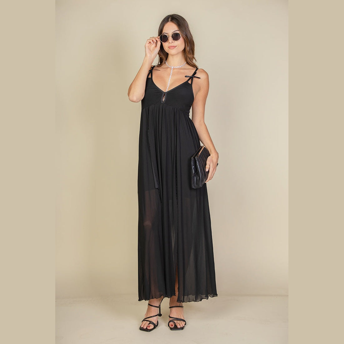 Plunge Neck Split Thigh Mesh Maxi Dress
