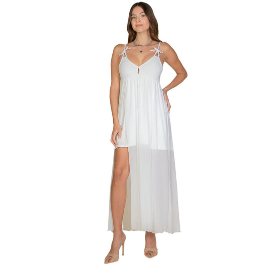 Plunge Neck Split Thigh Mesh Maxi Dress