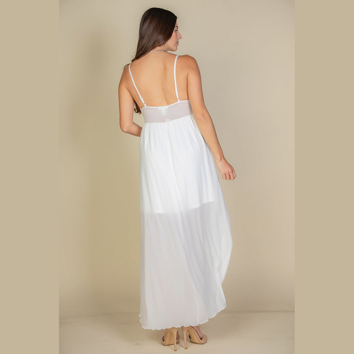 Plunge Neck Split Thigh Mesh Maxi Dress