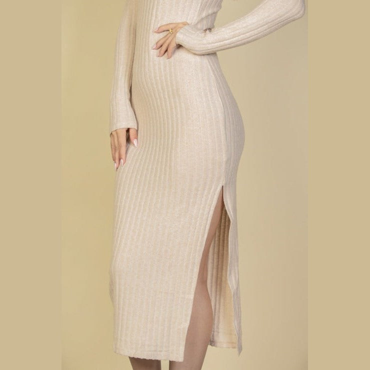 Sweater-Knit Fuzzy Turtleneck Split Thigh Dress