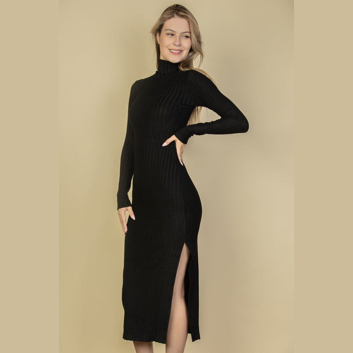 Sweater-Knit Fuzzy Turtleneck Split Thigh Dress