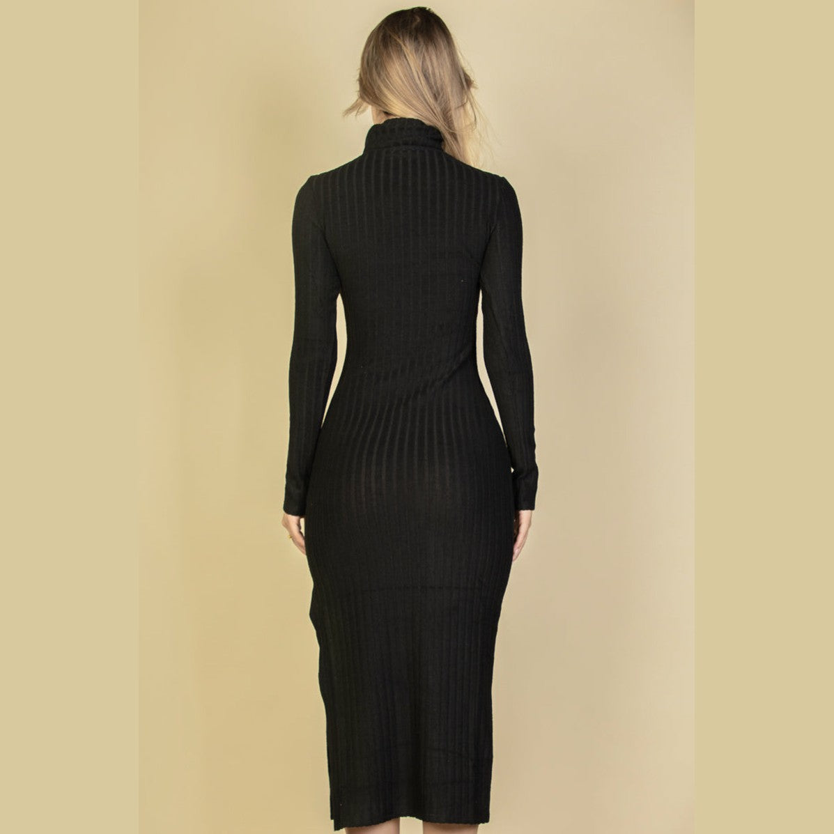 Sweater-Knit Fuzzy Turtleneck Split Thigh Dress