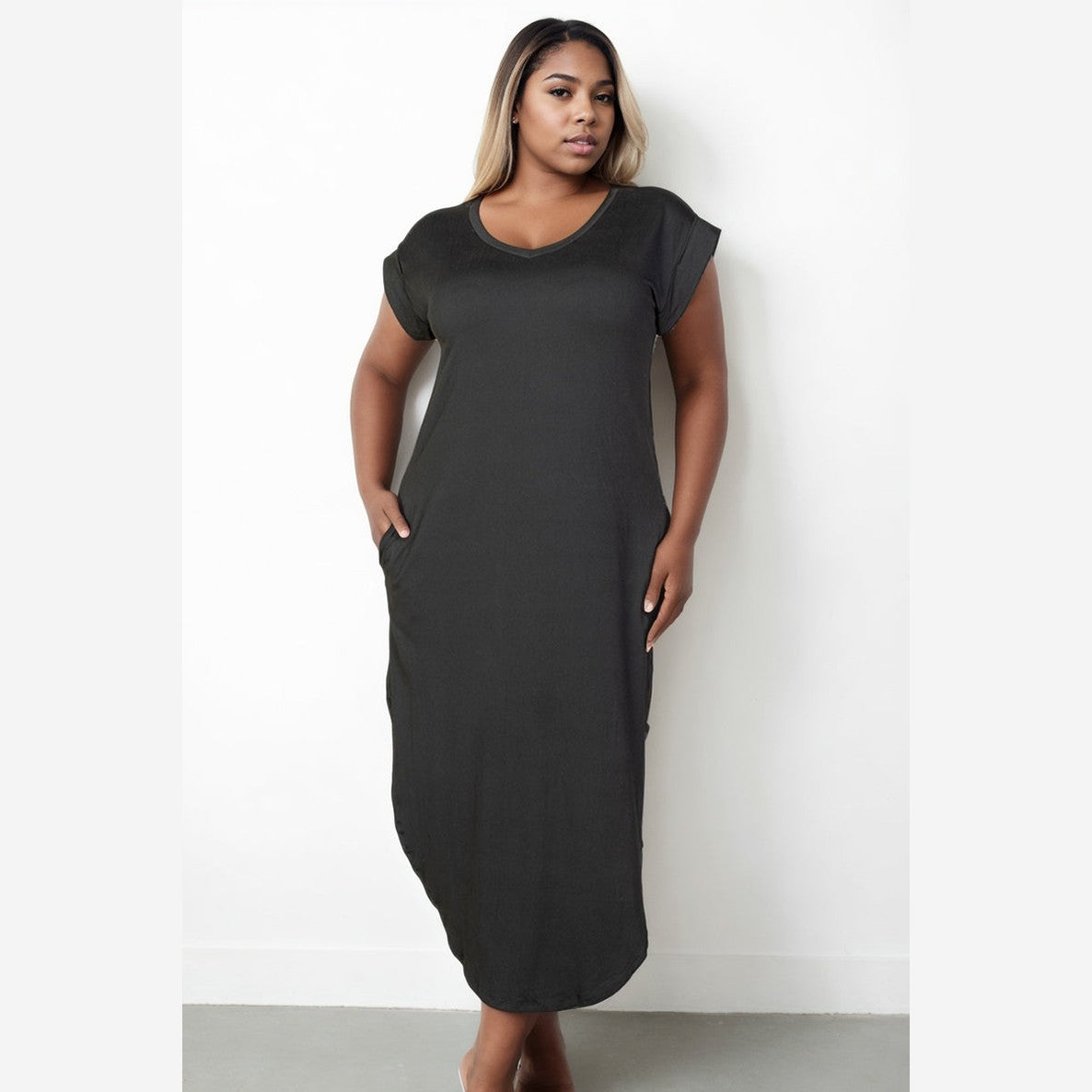 Plus Size Hidden Pocket Batwing Sleeve V Neck Long Dress