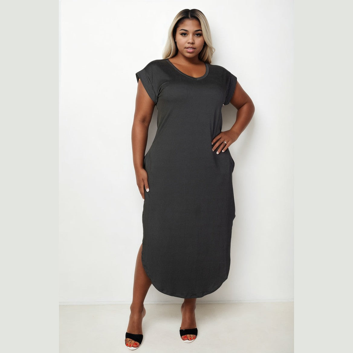 Plus Size Hidden Pocket Batwing Sleeve V Neck Long Dress