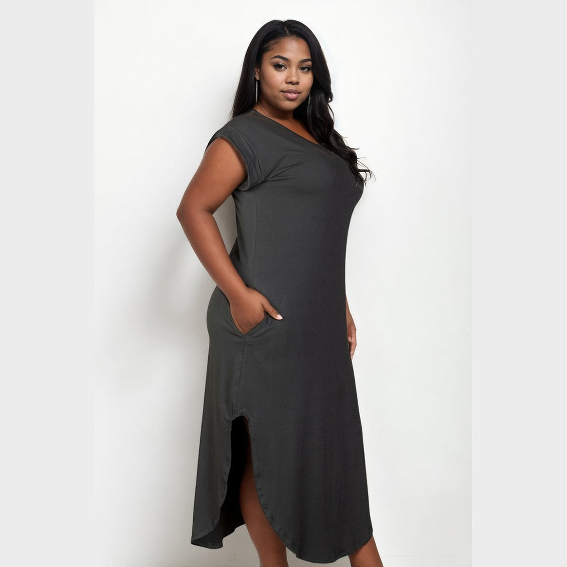 Plus Size Hidden Pocket Batwing Sleeve V Neck Long Dress