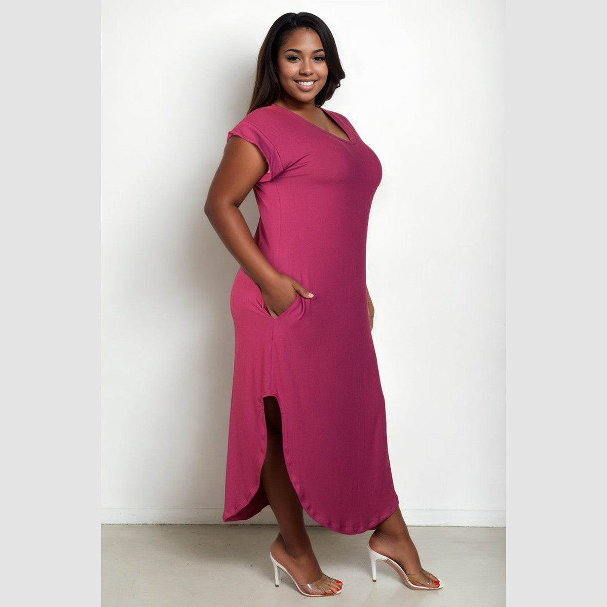 Plus Size Hidden Pocket Batwing Sleeve V Neck Long Dress