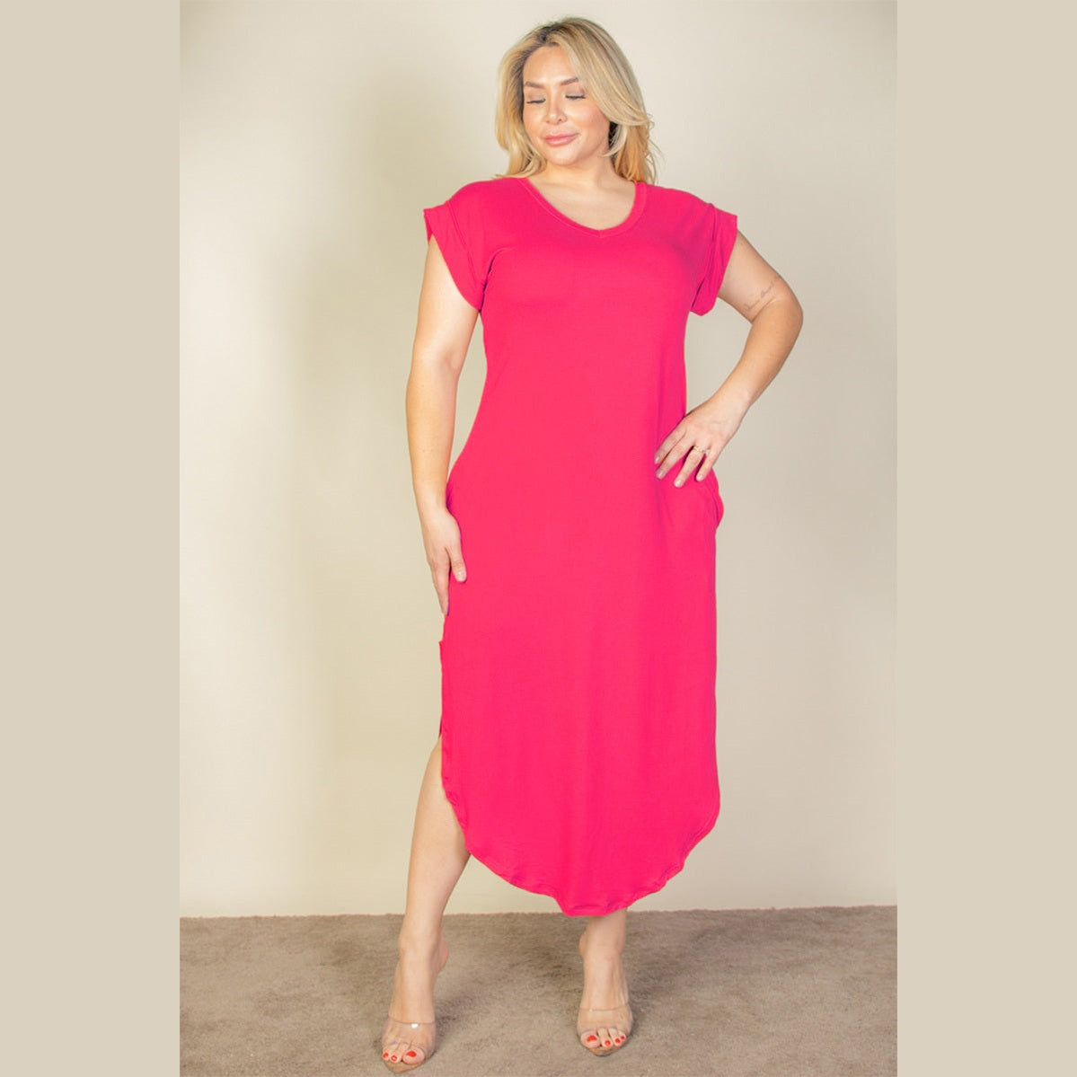 Plus Size Hidden Pocket Batwing Sleeve V Neck Long Dress