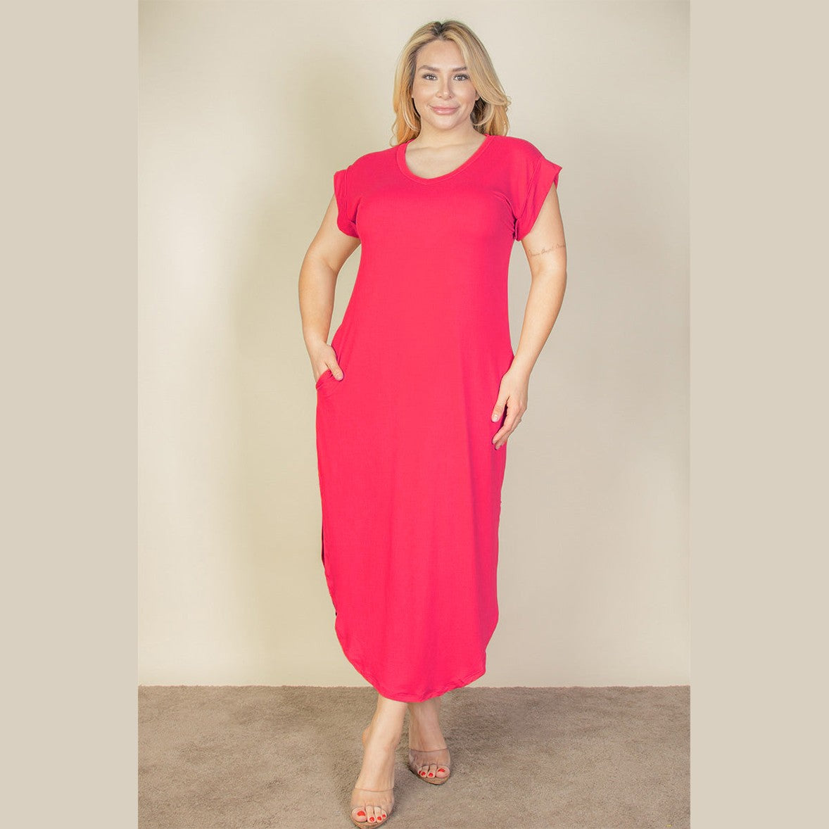Plus Size Hidden Pocket Batwing Sleeve V Neck Long Dress