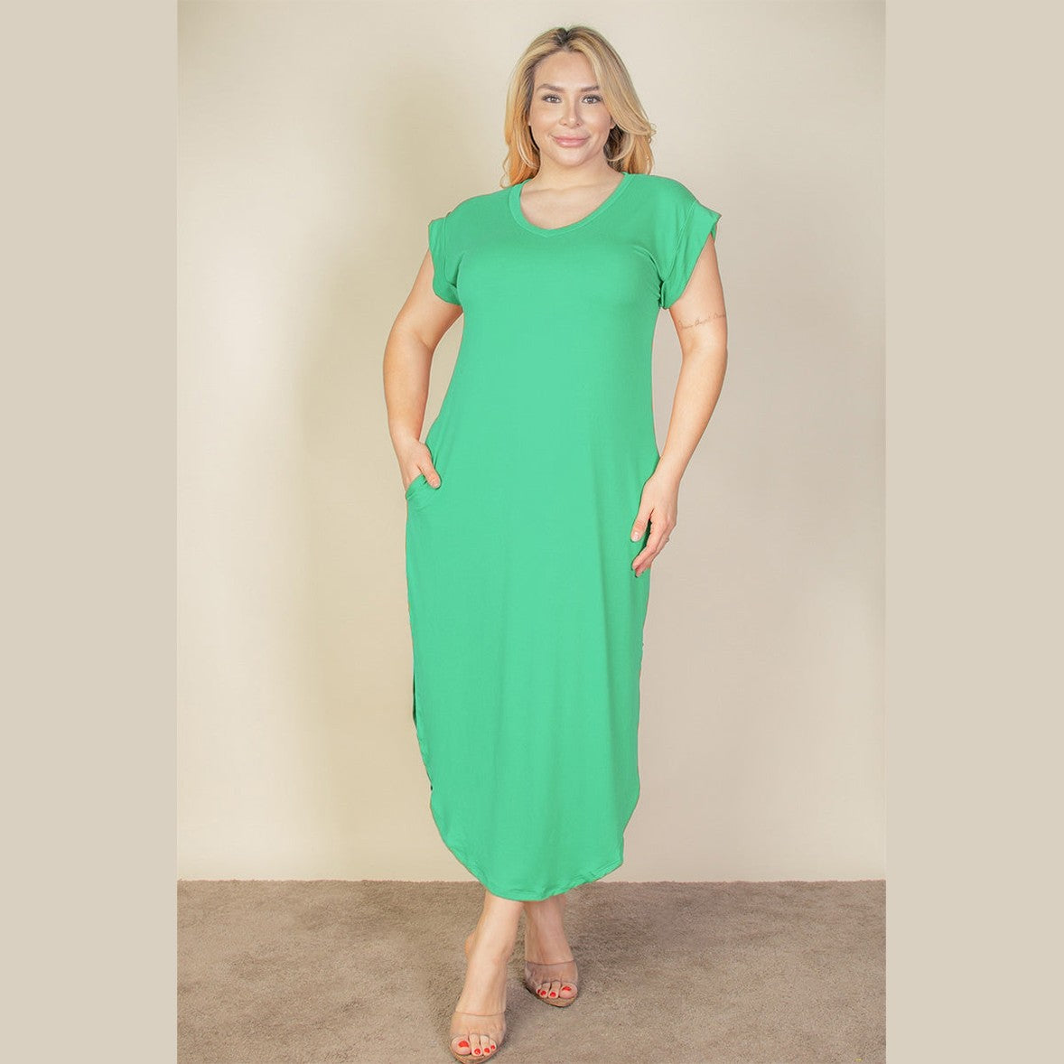 Plus Size Hidden Pocket Batwing Sleeve V Neck Long Dress