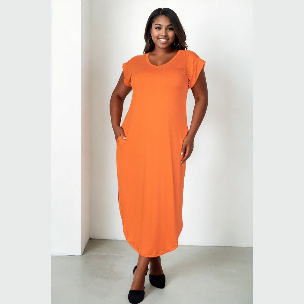 Plus Size Hidden Pocket Batwing Sleeve V Neck Long Dress