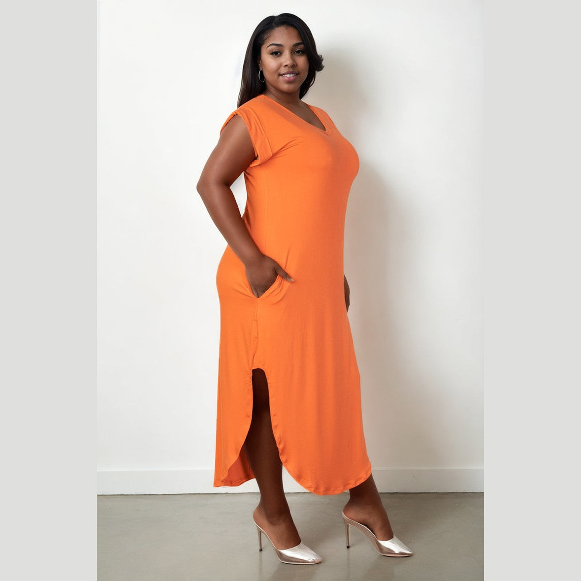 Plus Size Hidden Pocket Batwing Sleeve V Neck Long Dress