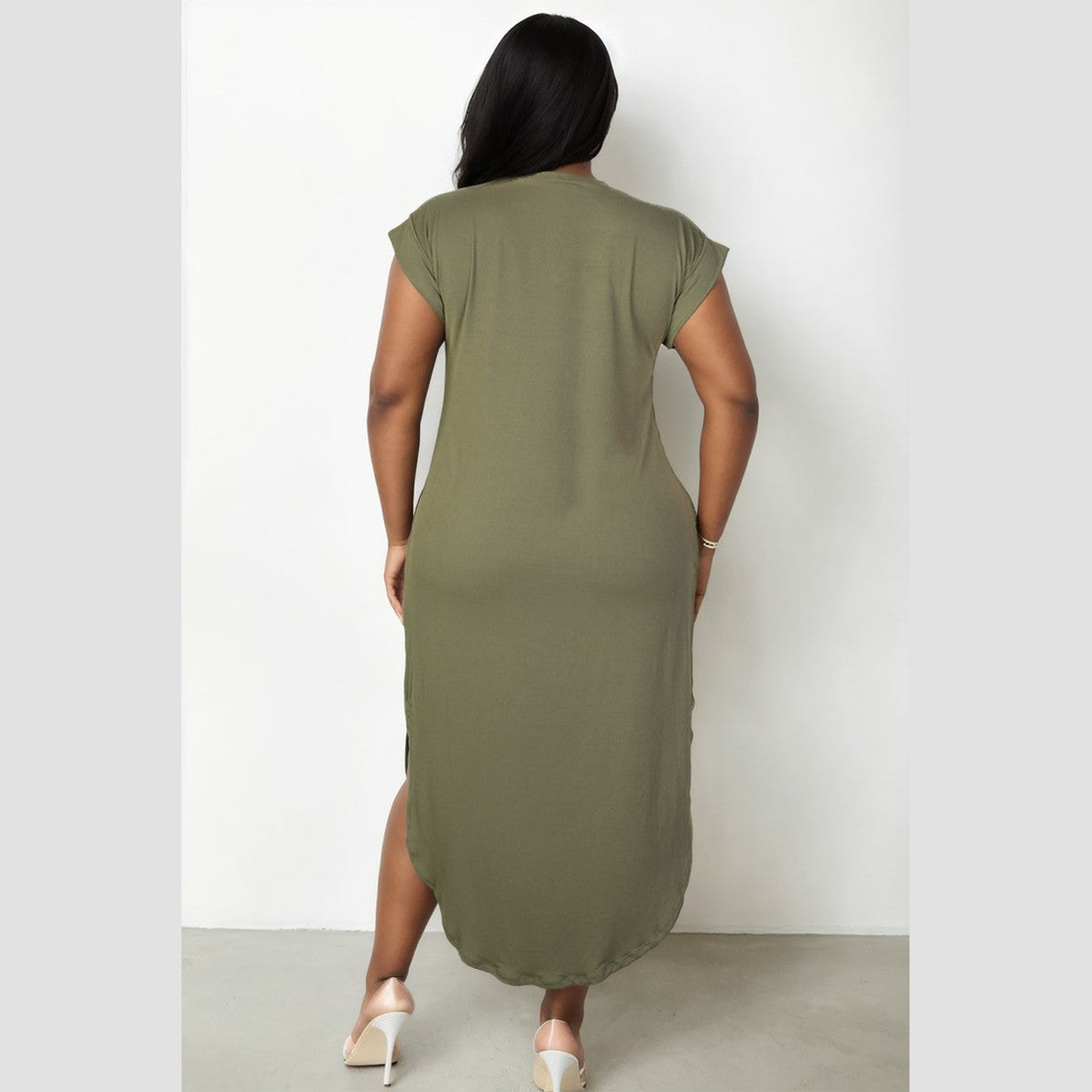 Plus Size Hidden Pocket Batwing Sleeve V Neck Long Dress