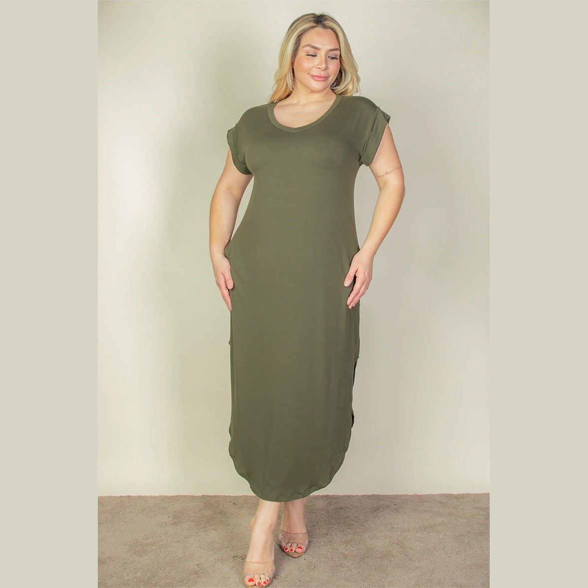 Plus Size Hidden Pocket Batwing Sleeve V Neck Long Dress