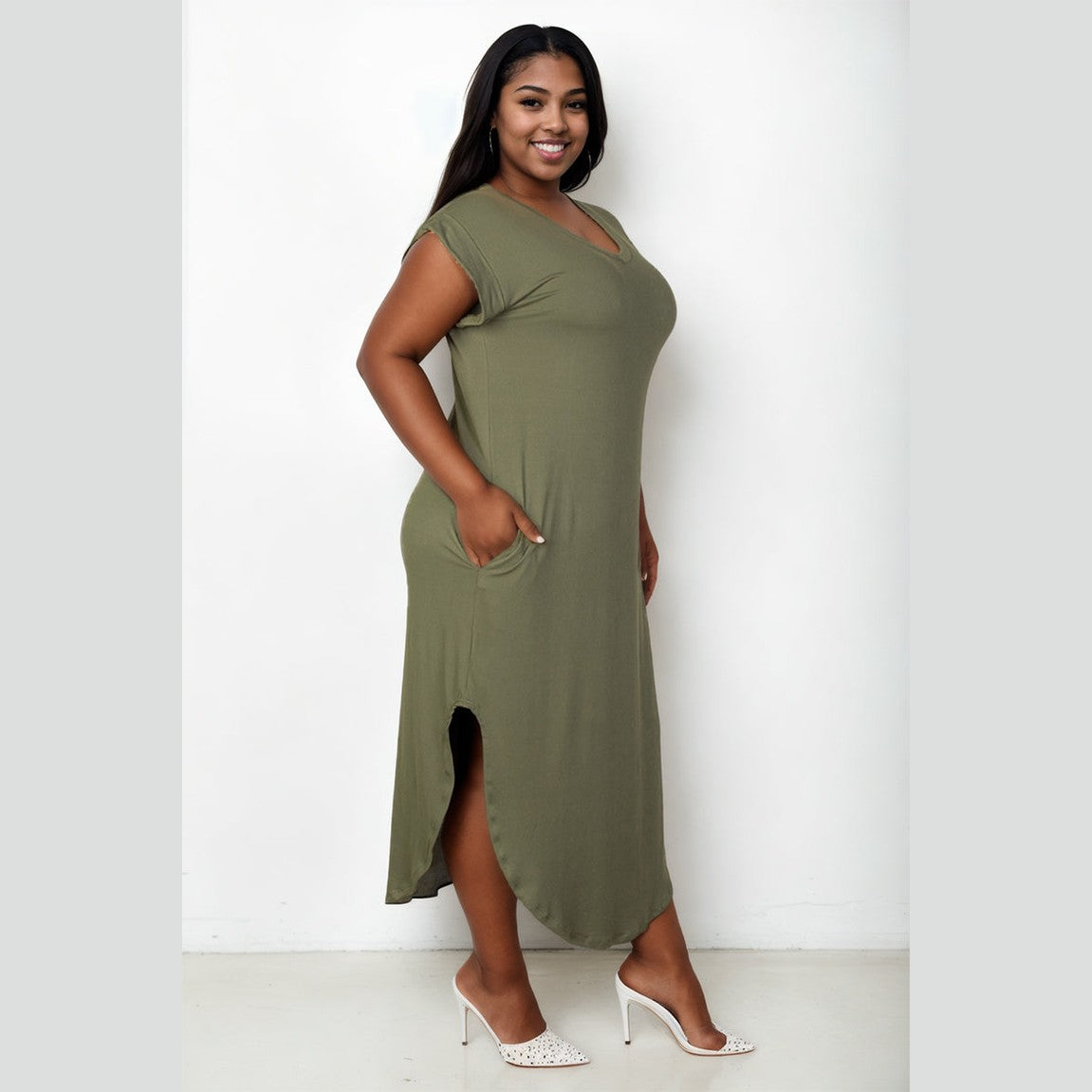 Plus Size Hidden Pocket Batwing Sleeve V Neck Long Dress
