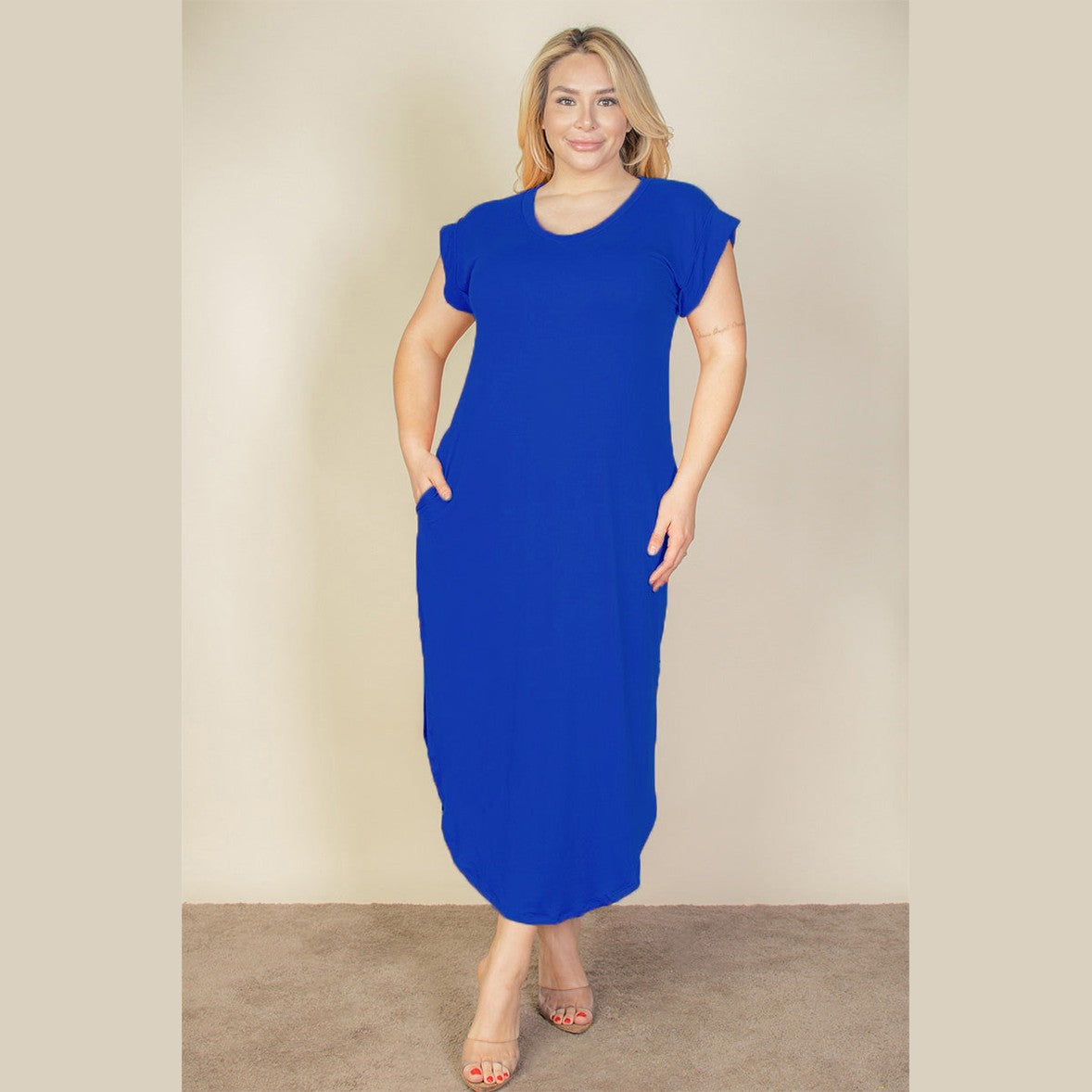 Plus Size Hidden Pocket Batwing Sleeve V Neck Long Dress