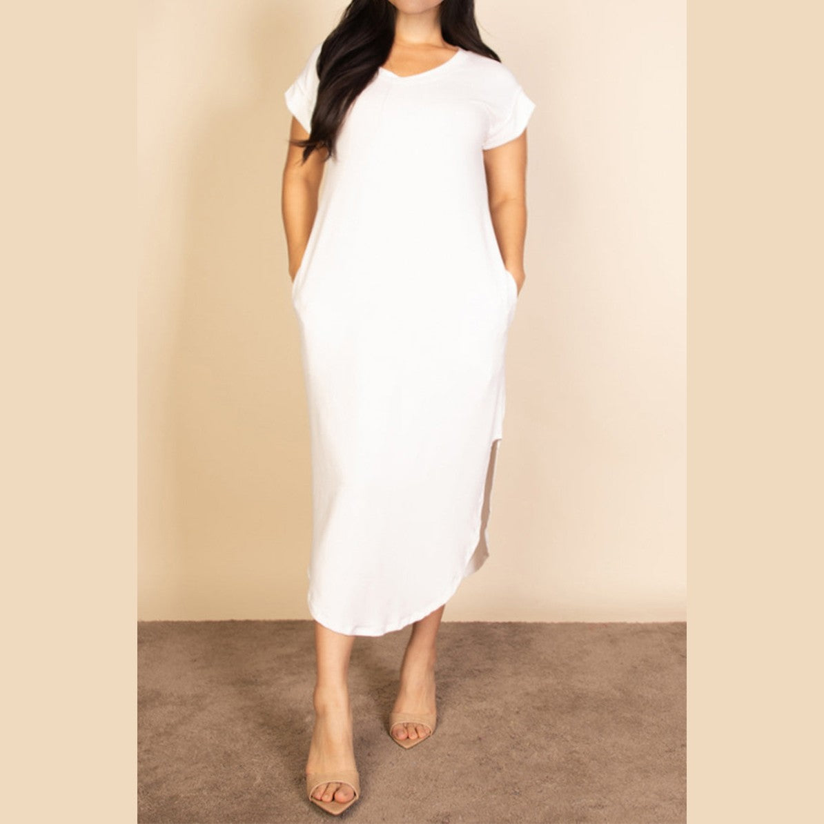 Plus Size Hidden Pocket Batwing Sleeve V Neck Long Dress