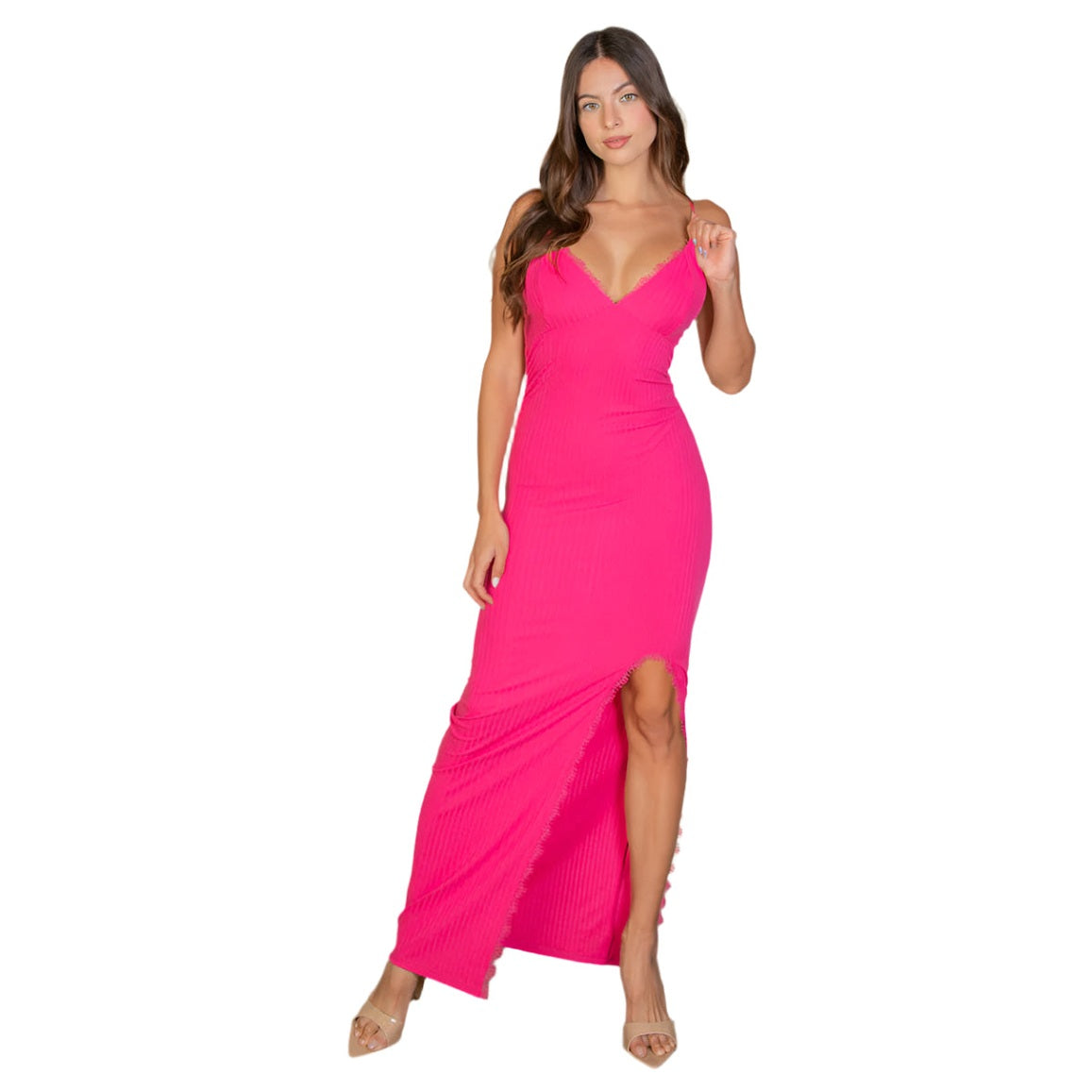 Eyelash Lace Trim Split Thigh Cami Dress
