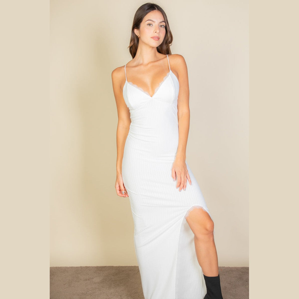 Eyelash Lace Trim Split Thigh Cami Dress