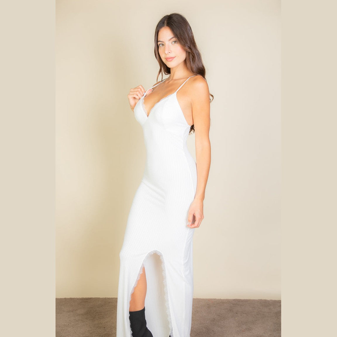 Eyelash Lace Trim Split Thigh Cami Dress