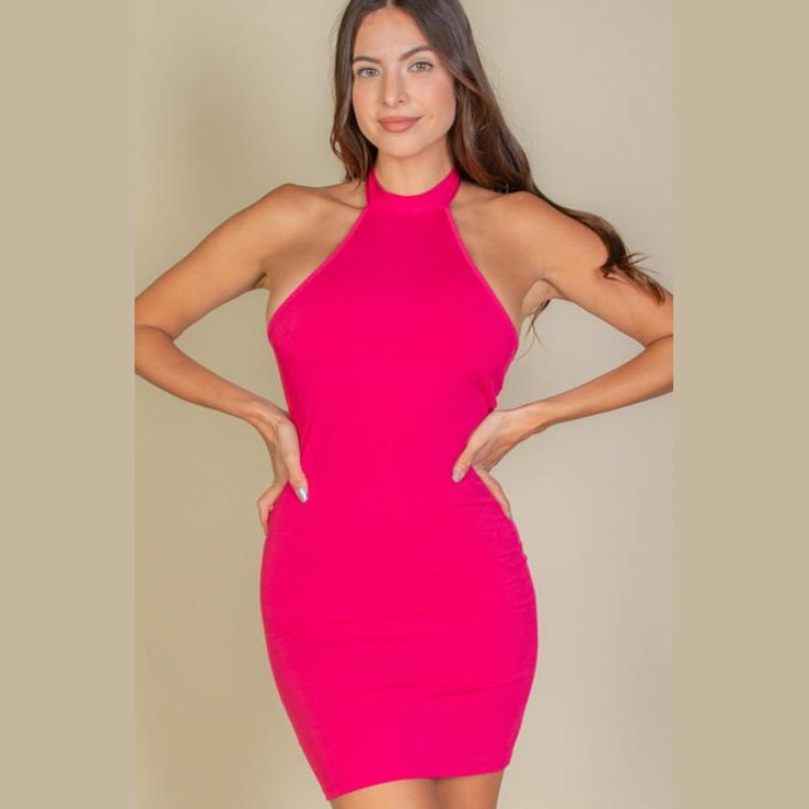 Ribbed Halter Neck Backless Bodycon Dress