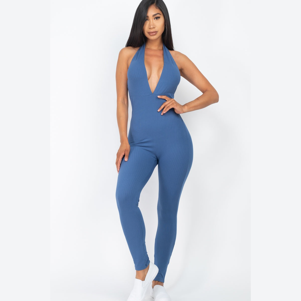 Halter V Neck Ribbed Bodycon Jumpsuit