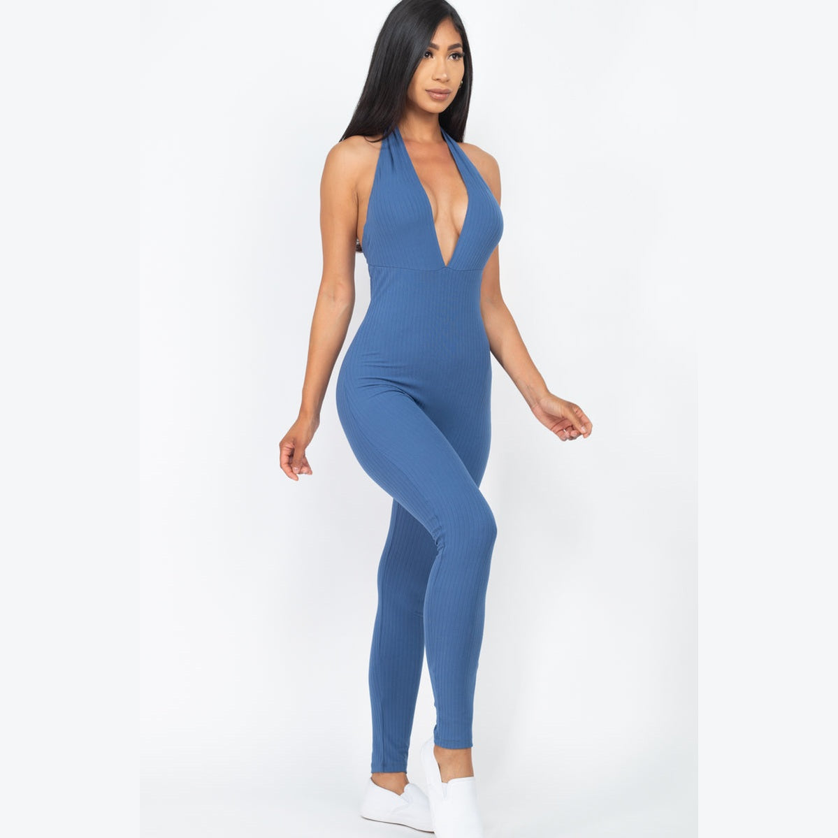 Halter V Neck Ribbed Bodycon Jumpsuit