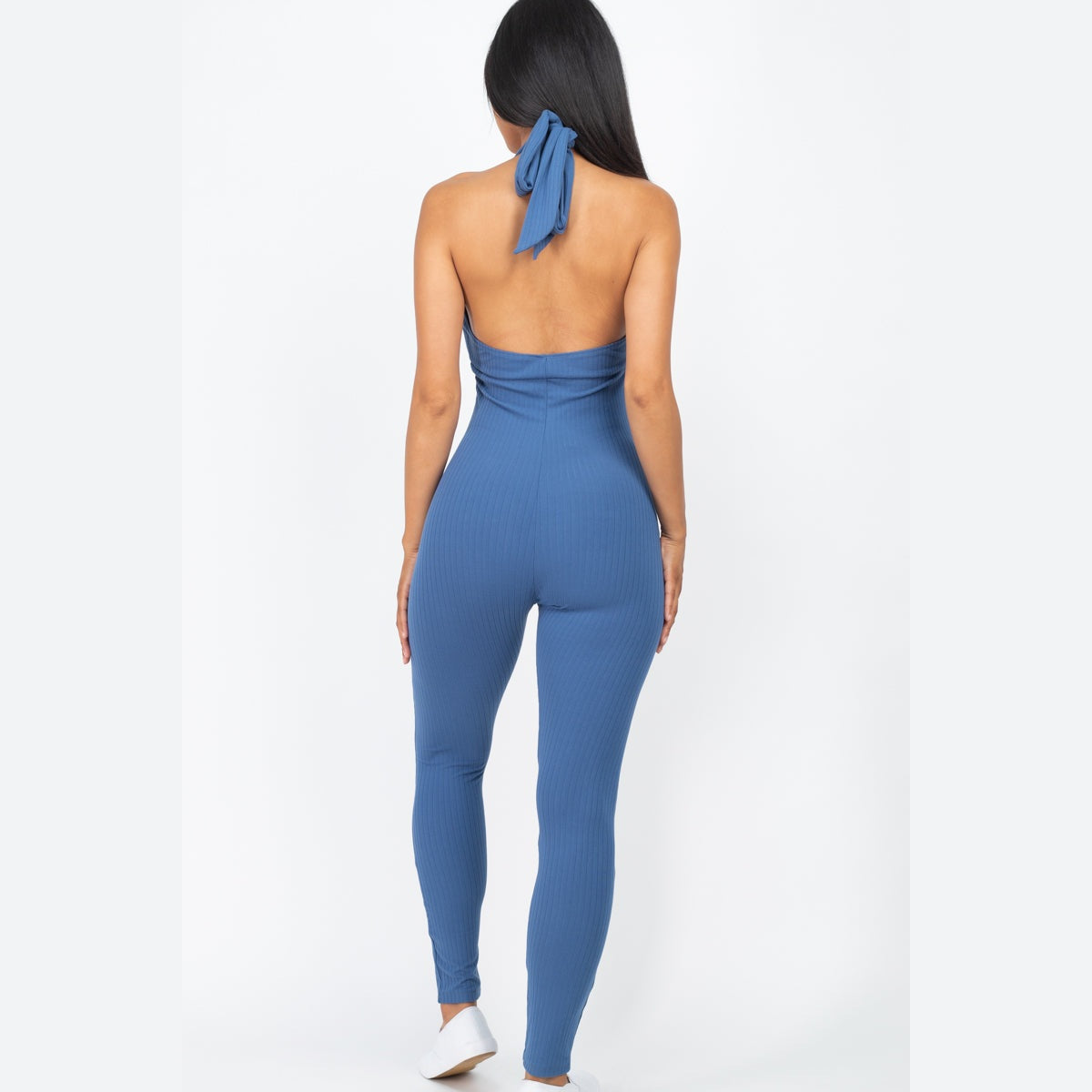 Halter V Neck Ribbed Bodycon Jumpsuit