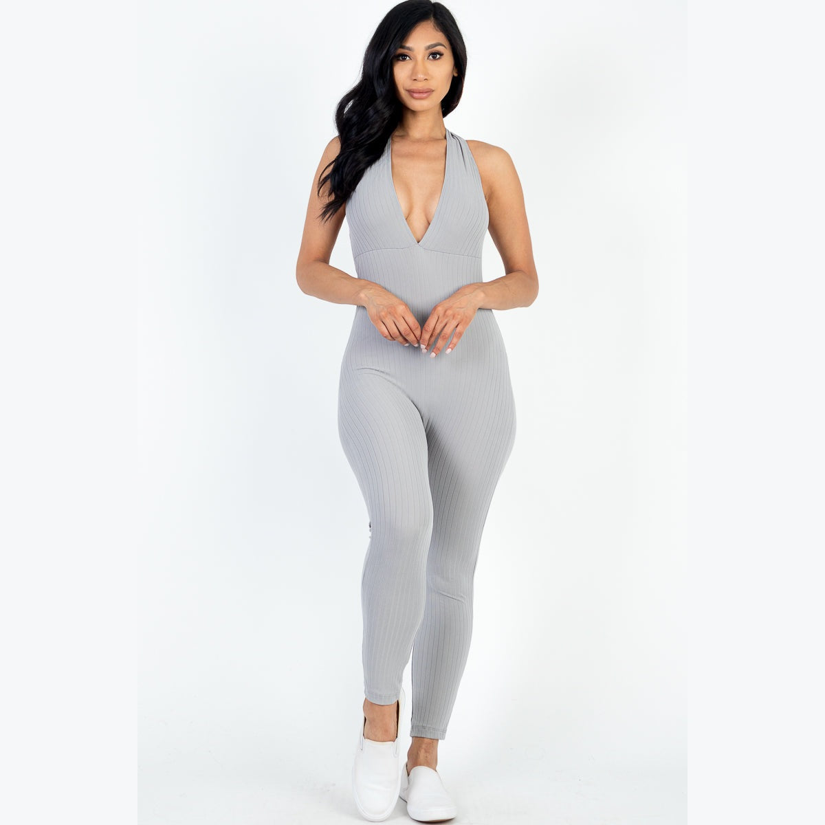 Halter V Neck Ribbed Bodycon Jumpsuit