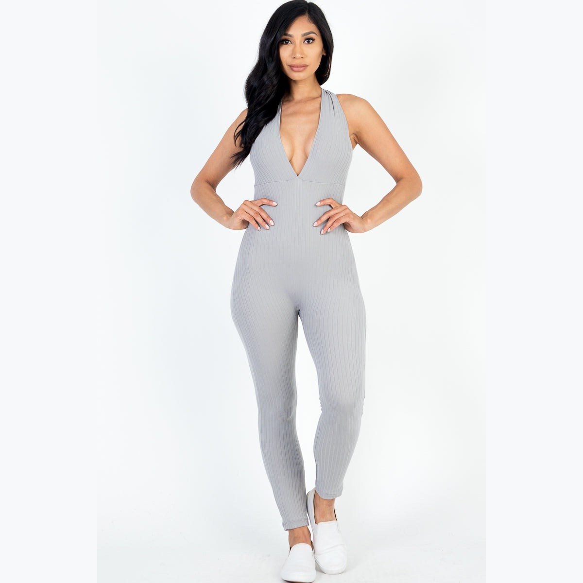 Halter V Neck Ribbed Bodycon Jumpsuit