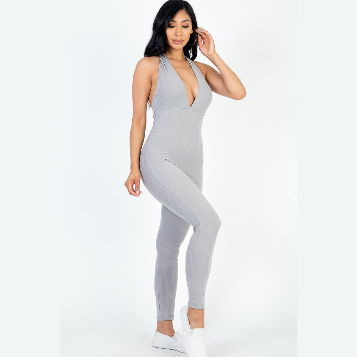 Halter V Neck Ribbed Bodycon Jumpsuit
