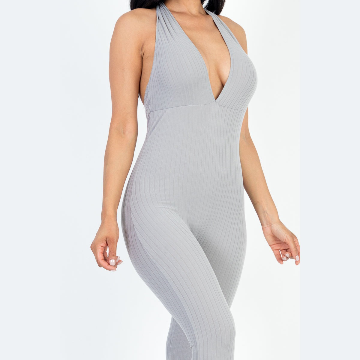 Halter V Neck Ribbed Bodycon Jumpsuit
