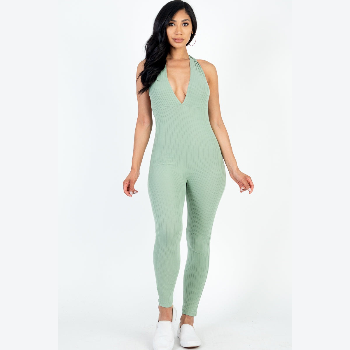 Halter V Neck Ribbed Bodycon Jumpsuit