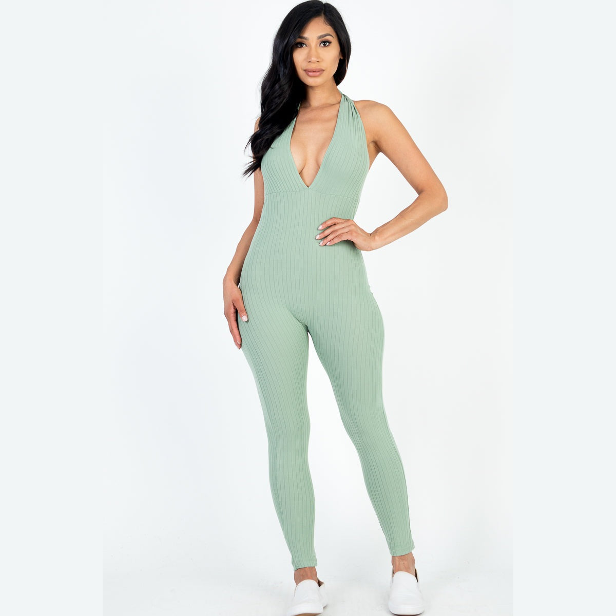 Halter V Neck Ribbed Bodycon Jumpsuit