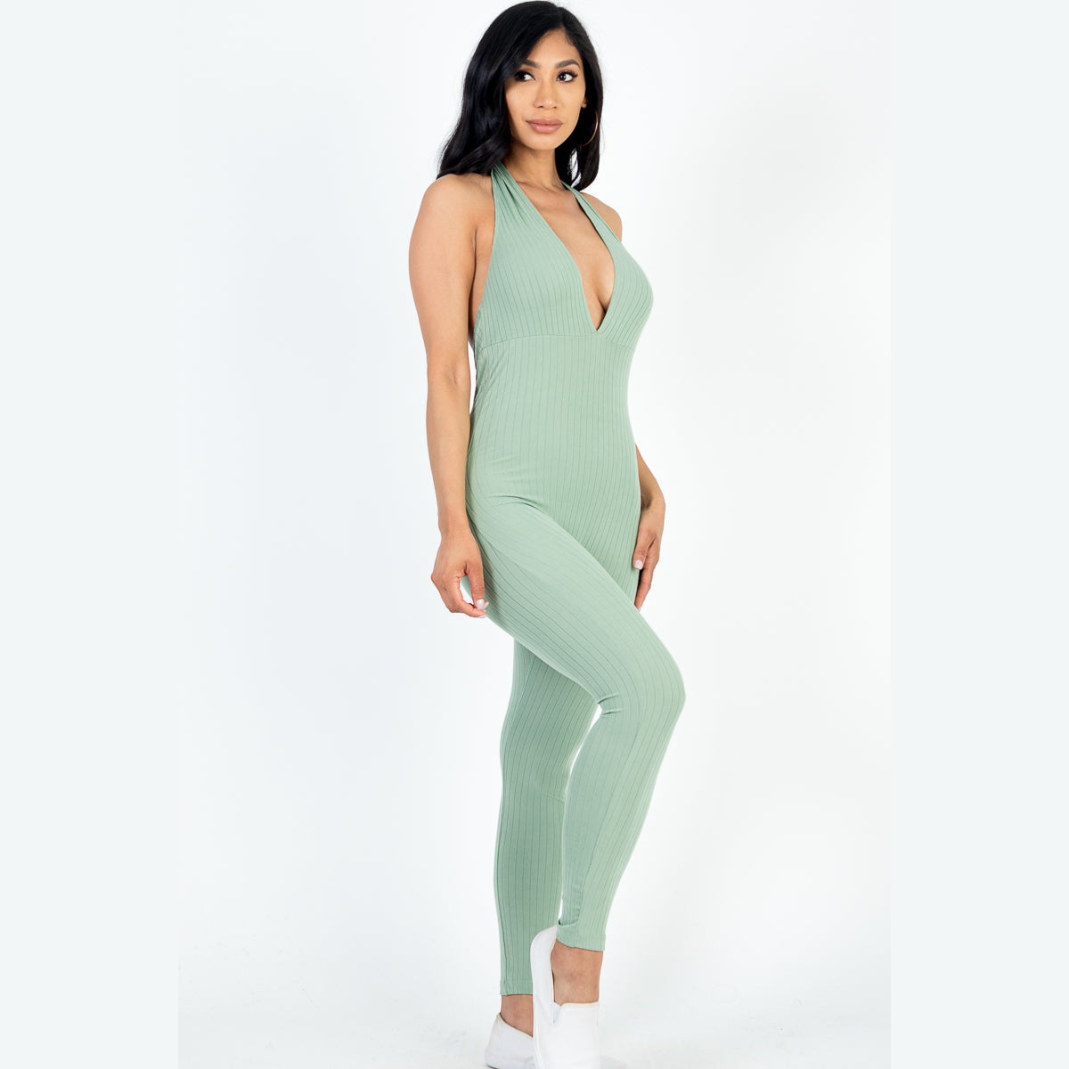 Halter V Neck Ribbed Bodycon Jumpsuit