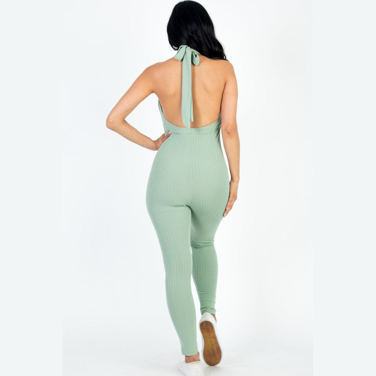 Halter V Neck Ribbed Bodycon Jumpsuit