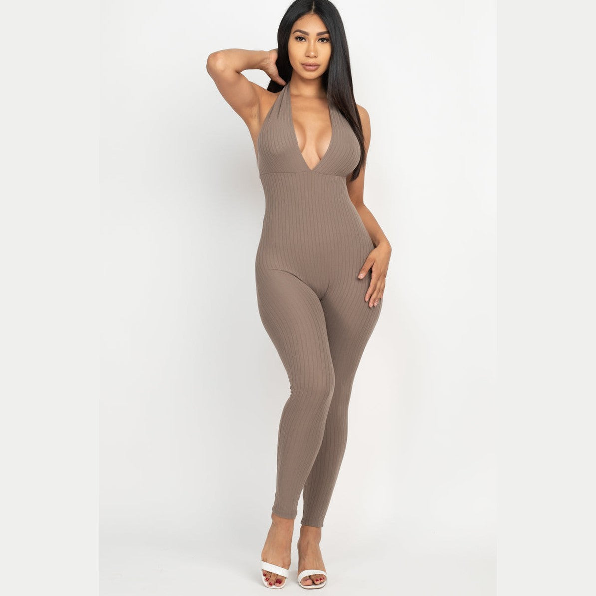 Halter V Neck Ribbed Bodycon Jumpsuit
