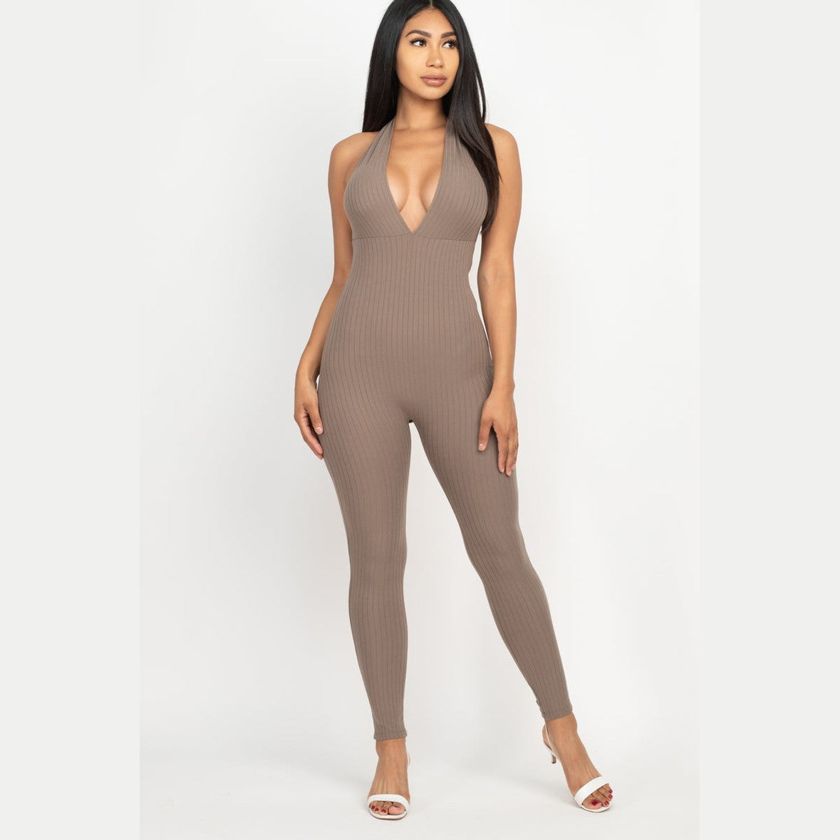 Halter V Neck Ribbed Bodycon Jumpsuit