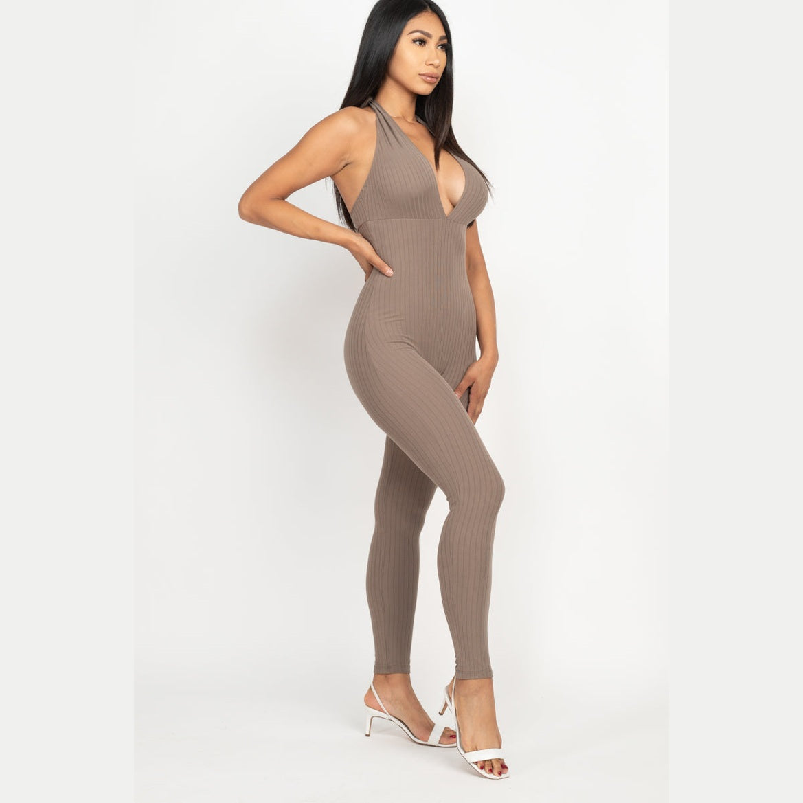Halter V Neck Ribbed Bodycon Jumpsuit